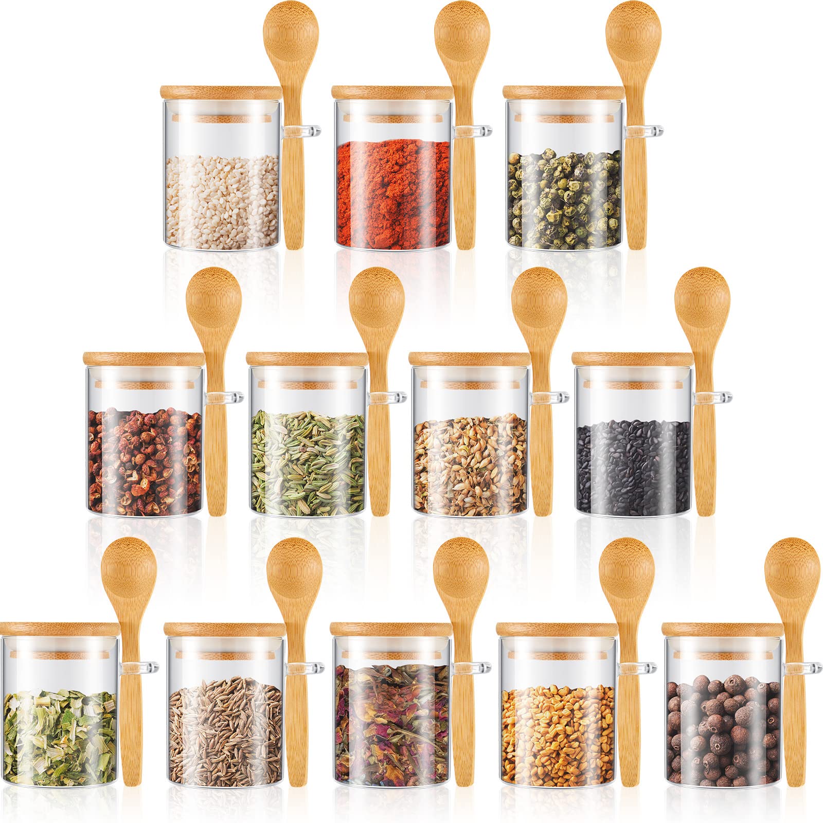Tessco for you 12 Pack 6 oz Glass Spice Jars with Bamboo Lids and Wooden Spoons, Clear Storage Containers for Sugar, Salt, Coffee, Tea, DIY Gifts, and Sugar Scrubs Organization Set for Kitchen