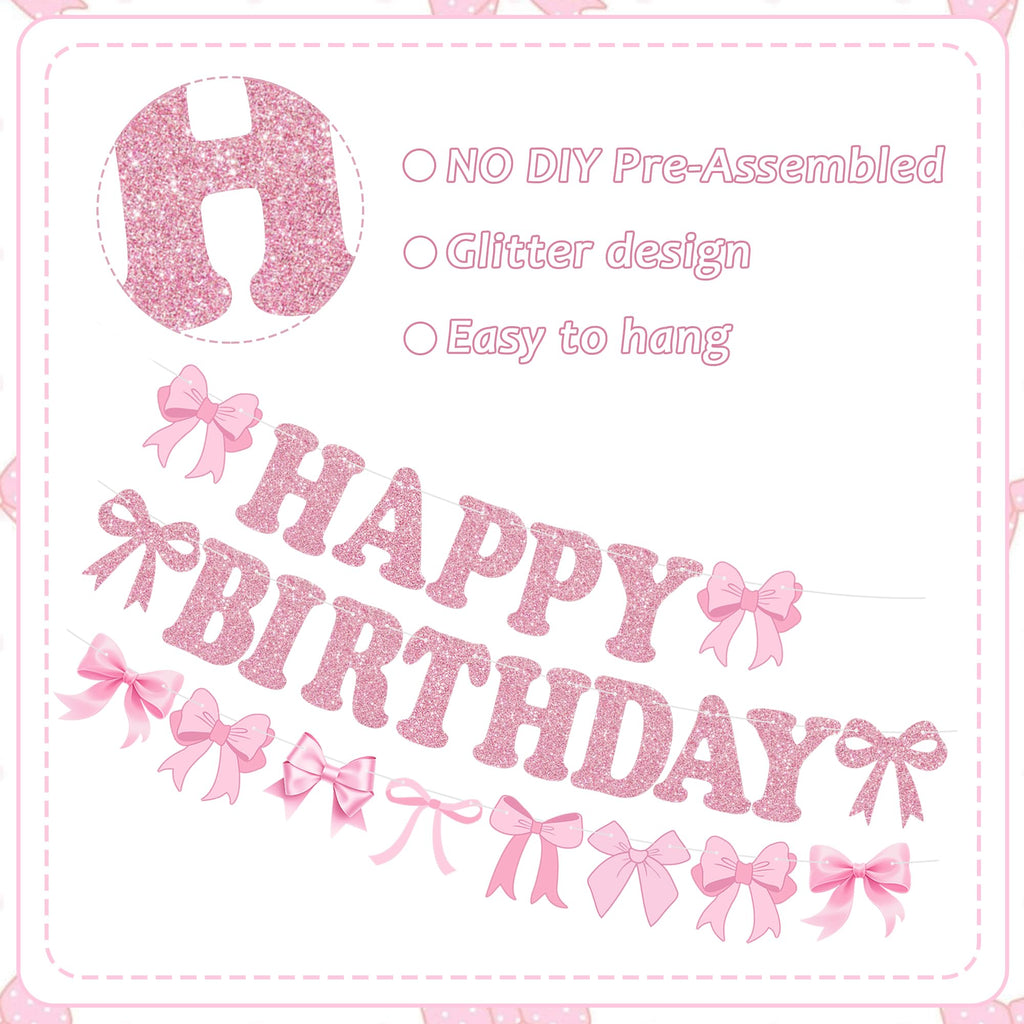 RICHHHA Glitter Pink Bow Happy Birthday Banner Pre-Strung Coquette Birthday Decorations Bow Theme Party Backdrop Sign Garland Pink Bow Party Supplies Decorations for Women Girls,NO-DIY