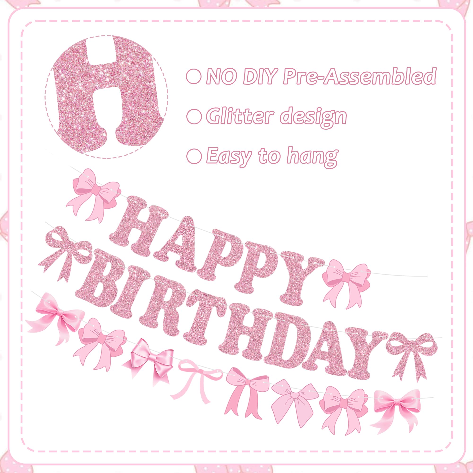 RICHHHA Glitter Pink Bow Happy Birthday Banner Pre-Strung Coquette Birthday Decorations Bow Theme Party Backdrop Sign Garland Pink Bow Party Supplies Decorations for Women Girls,NO-DIY