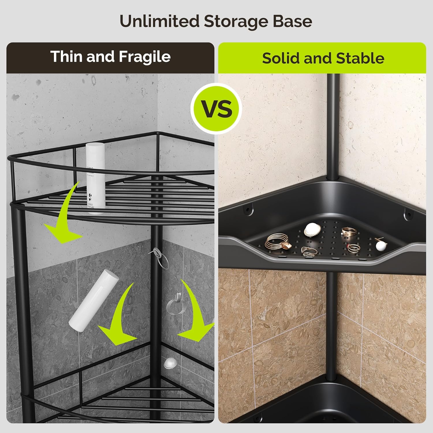 Orimade 4-Tier Rustproof Corner Shower Caddy Organizer - Durable Plastic & Metal, 10.8 x 10.8 x 44.6 Inches, Black