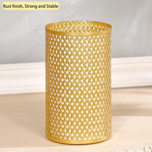 Wenbery Small Gold Trash Can for Bathroom, Metal Garbage Can for Offices, Decorative Hollow-Out Garbage Can Waste Paper Bin, 7" W X 7" L X 12" H