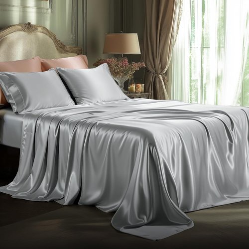Bedsure Satin Sheets - 4-Piece Queen Size Silky Bedsheets with Deep Pocket & Elastic Straps | Silver Grey