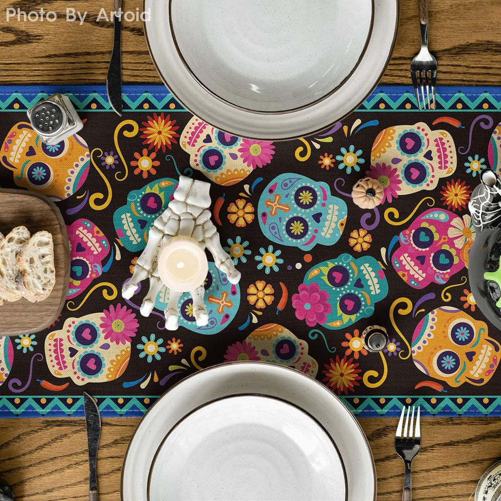 Artoid Mode Suger Skulls Floral Day of The Dead Table Runner, Halloween Seasonal Kitchen Dining Table Decoration for Home Party Decor 13x90 Inch