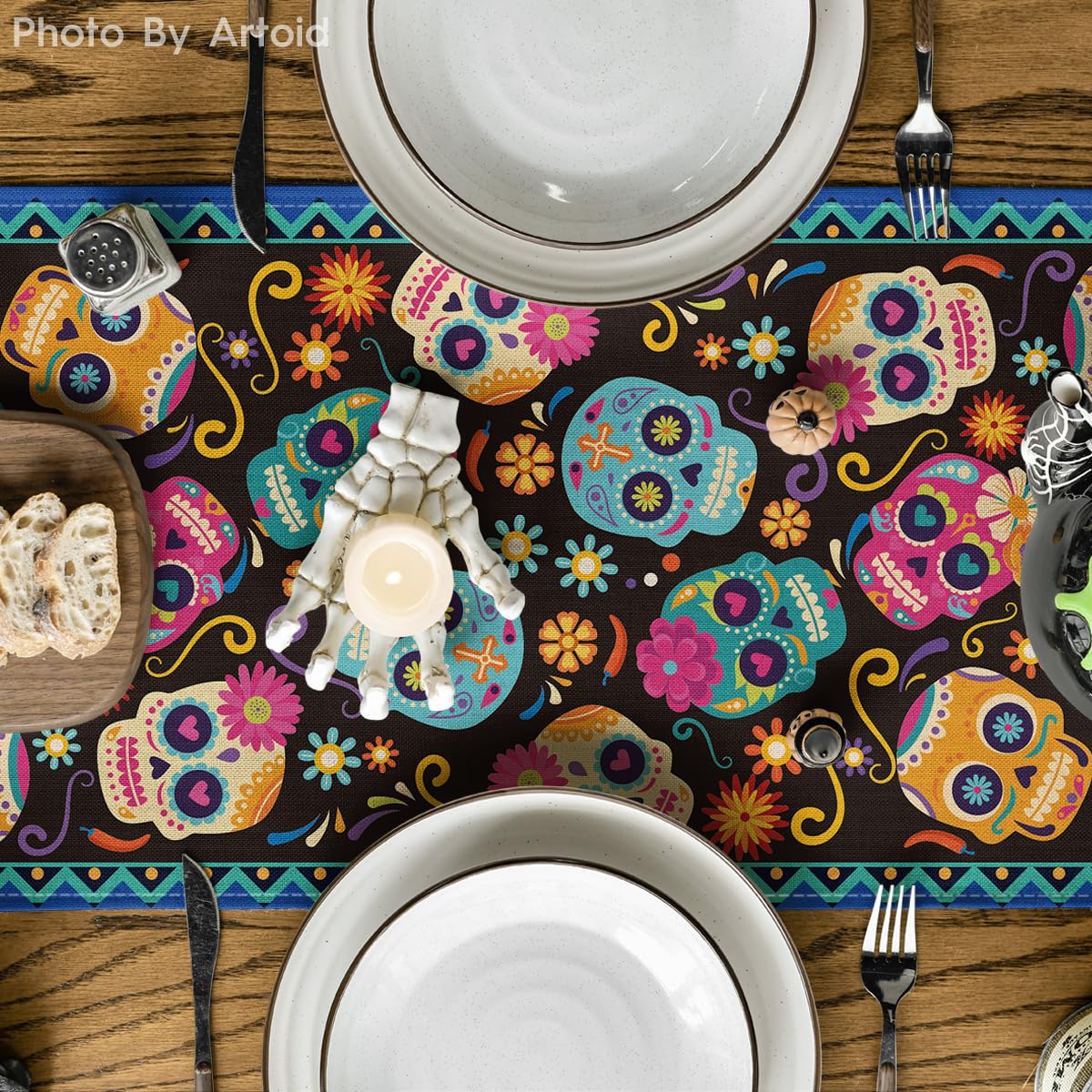 Artoid Mode Suger Skulls Floral Day of The Dead Table Runner, Halloween Seasonal Kitchen Dining Table Decoration for Home Party Decor 13x90 Inch