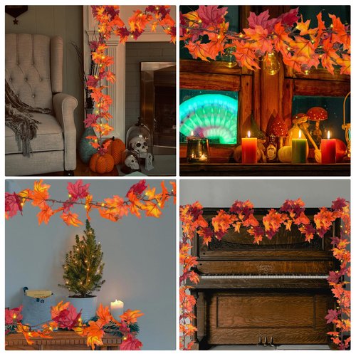Brillarlights Thanksgiving Decorations for Home Lighted Garland with Lights, 11FT Thanksgiving Lighted Garland Plug in Fall Leaf, 50 Orange Bulbs Fall Garland for Mantle with Lights