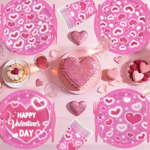 Valentine's Day Party Supplies Happy Valentine's Day Pink Heart Love Tableware Disposable Paper Plates Napkins Cups Forks and Knives for Valentine Day, Anniversary,Wedding Table Decor,Serve 24