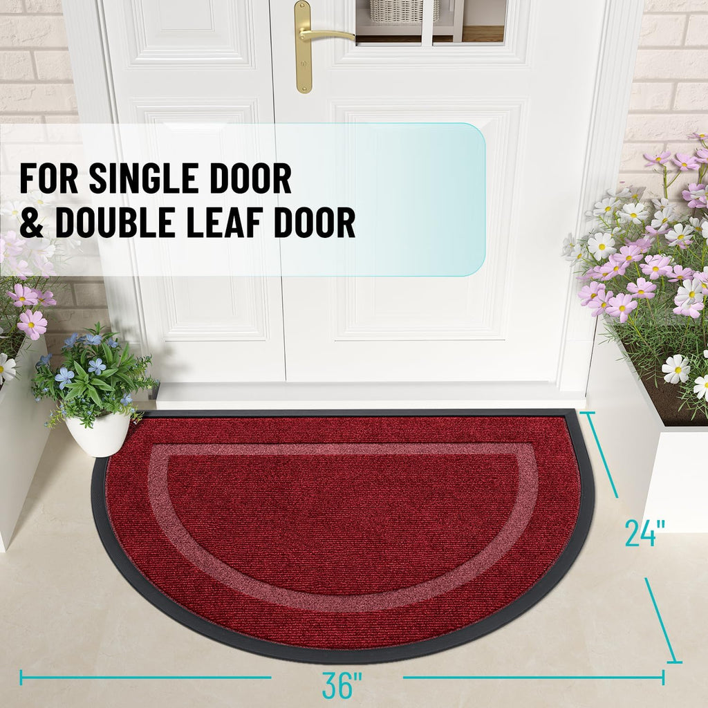 OLANLY Half Circle Door Mat - Waterproof All-Season Indoor/Outdoor Welcome Mat, 36x24, Wine Red