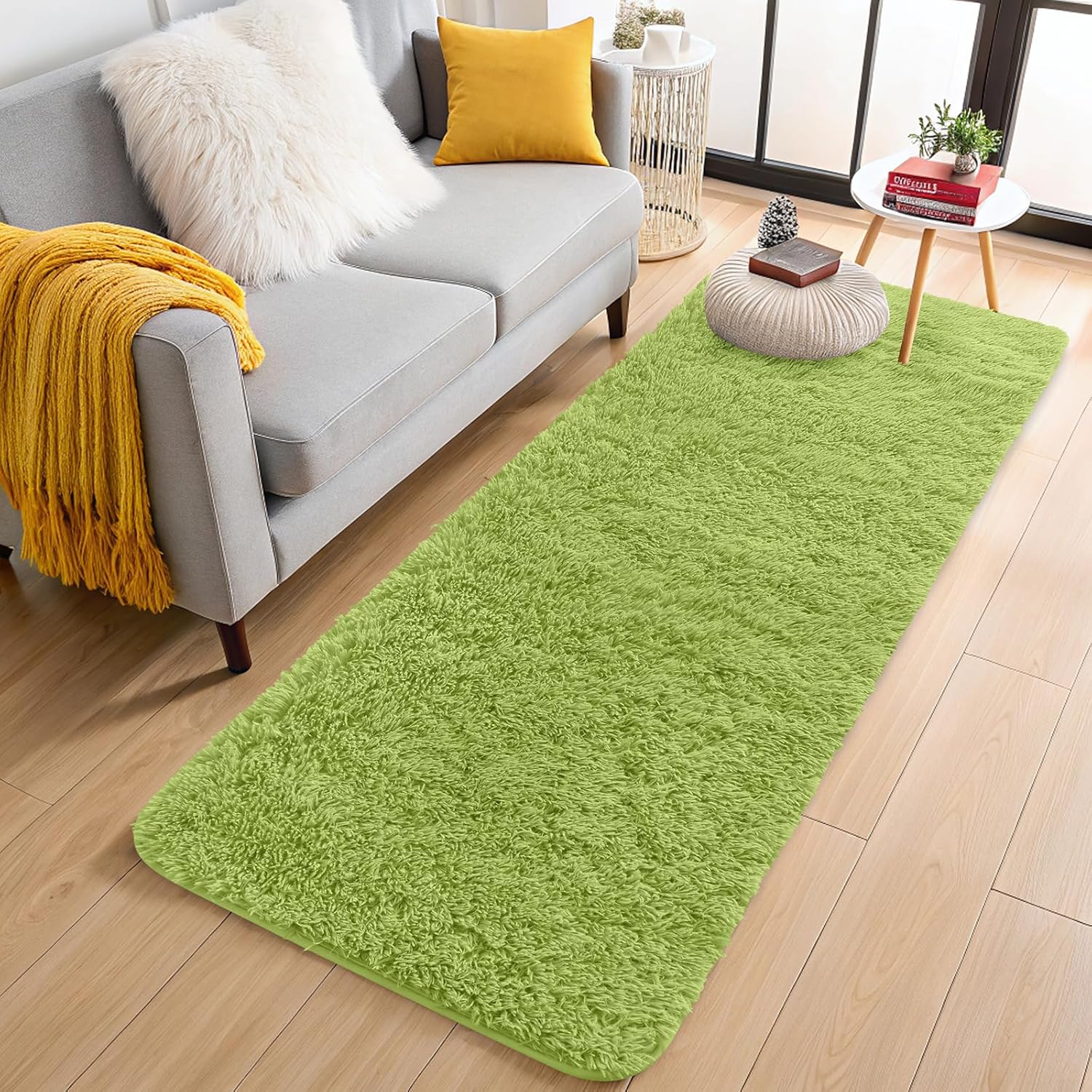 OLANLY Soft Fluffy Shaggy Runner Rugs - Machine Washable 2x8 for Hallway & Bedroom | Grass Green Decor