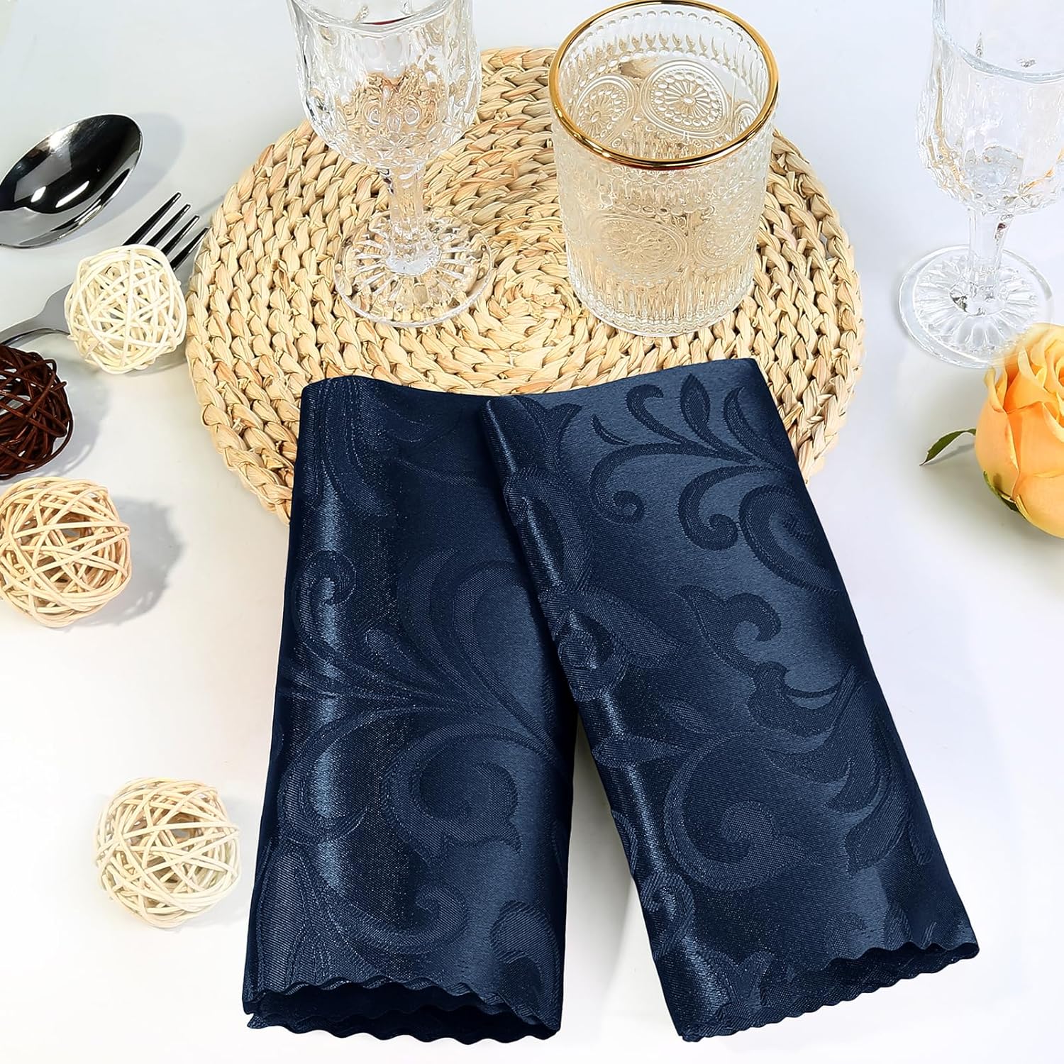 Aormenzy Navy Blue Satin Napkins - Elegant Floral Pattern | 17 x 17 Inches | 50 Pack