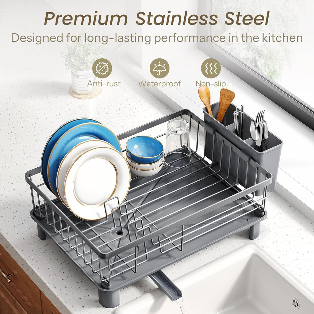 SNTD Dish Drying Rack - Stainless Steel Kitchen Dish Drainer with Utensil Holder | 11" W x 15" L (Grey)