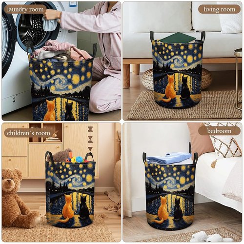 Starry Night Cat Laundry Basket, Large Foldable Clothes Bag Collapsible Storage Bin Basket For Nursery,Office,Toy Organizer,Home,Decor - 19.7 Inch X 15.7 Inch