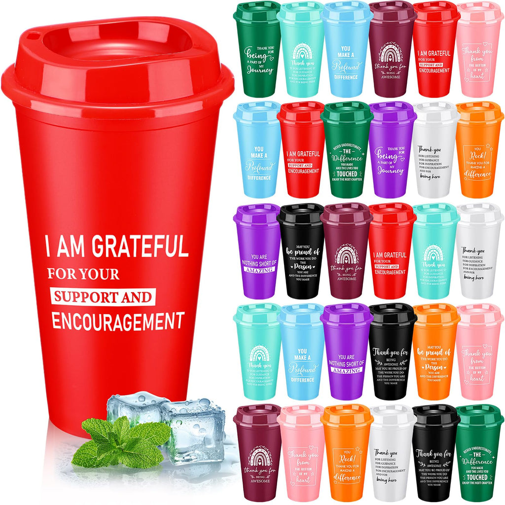 Skylety 30 Pcs Thank You Gifts 16 oz Coffee Cups Bulk Employee Appreciation CNA Week Gift Inspirational Tumbler with Lid Reusable Plastic Coffee Cup for Nurse Coworker Staff Women (Bright Colors)