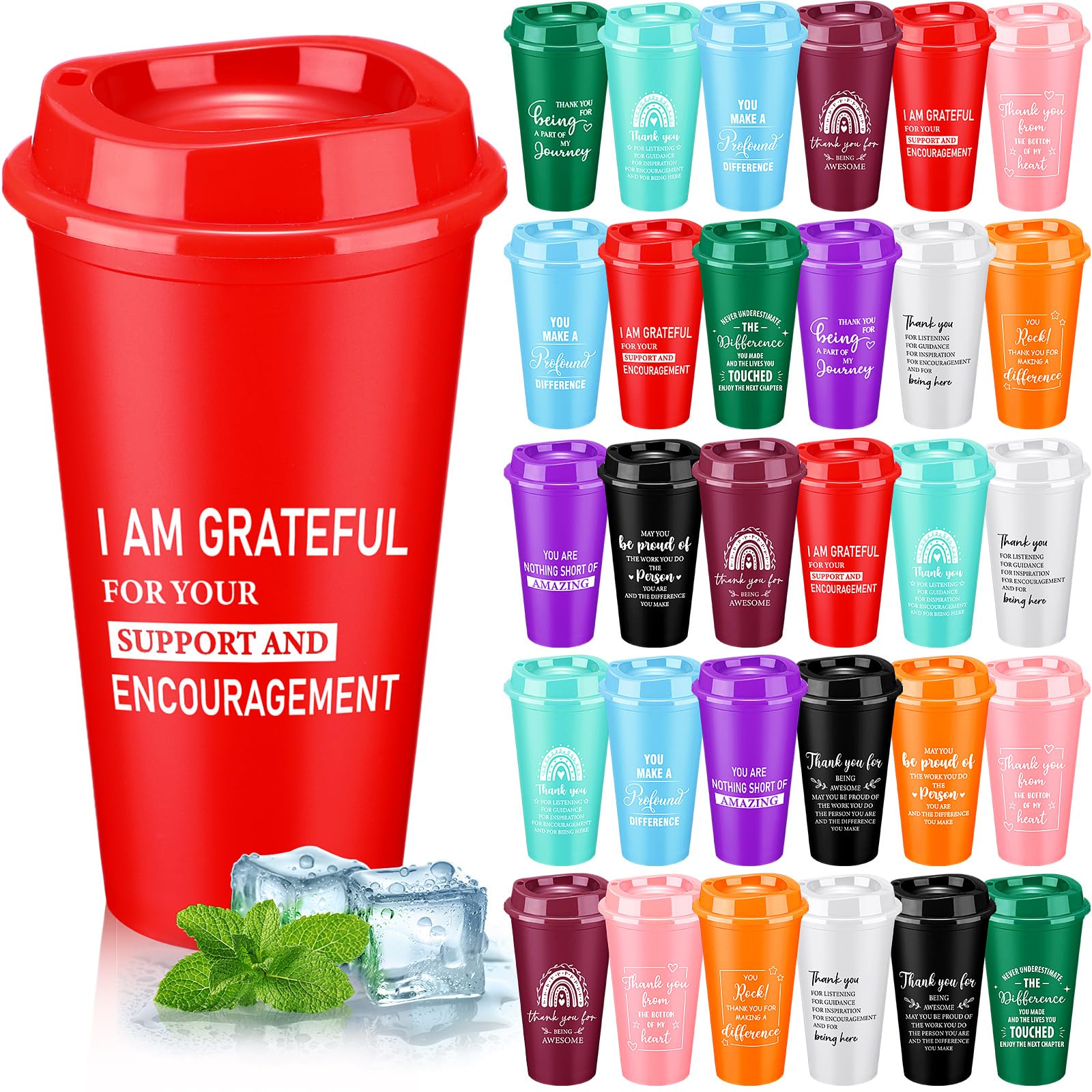 Skylety 30 Pcs Thank You Gifts 16 oz Coffee Cups Bulk Employee Appreciation CNA Week Gift Inspirational Tumbler with Lid Reusable Plastic Coffee Cup for Nurse Coworker Staff Women (Bright Colors)