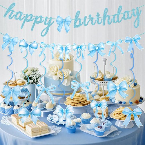 Blue Bow Birthday Banner Garland with Hanging Swirls for Baby Blue Bow Party Decor Coquette Birthday Decorations