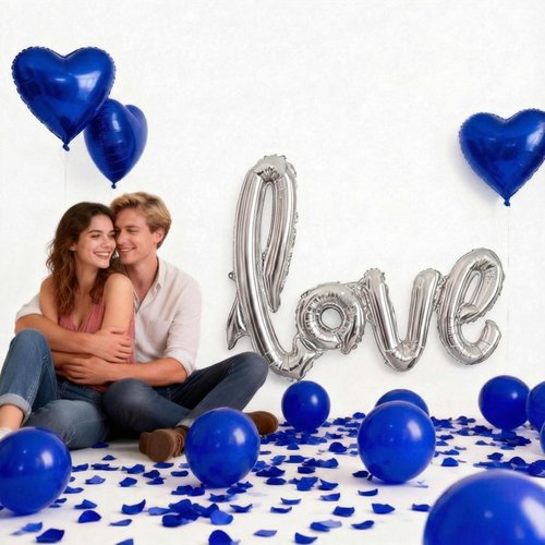 Happy Valentines Day Decorations Balloon Valentines Decorations, Happy Anniversary Decorations, I Love You Balloon for Him Silver Blue Heart Balloon, Blue Rose Petals Romantic Decoration Special Night
