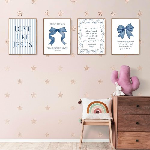 LARTSFRO Coquette Wall Art Decor - Navy Blue Bow Christian Posters | Inspirational Bible Verses | 12x16 Inch Set of 4 Unframed