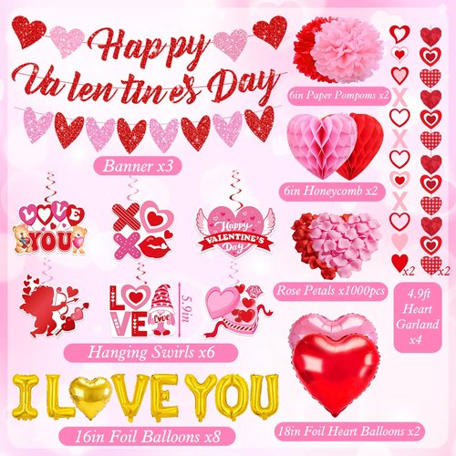 Valentines Day Decorations for Party Set Happy Valentines Day Banner Heart Valentine Garland Banner Red Pink Heart Honeycombs 1000Pcs Plastic Petals Hanging Swirls Valentines Day Balloons