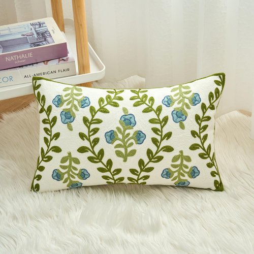 HOMFREEST Floral Embroidered Decorative Throw Pillow Covers 12x20 Inch Spring Blue Flower Green Leaf Pillows Farmhouse Patio Cushion Cases for Sofa Couch Home Bed