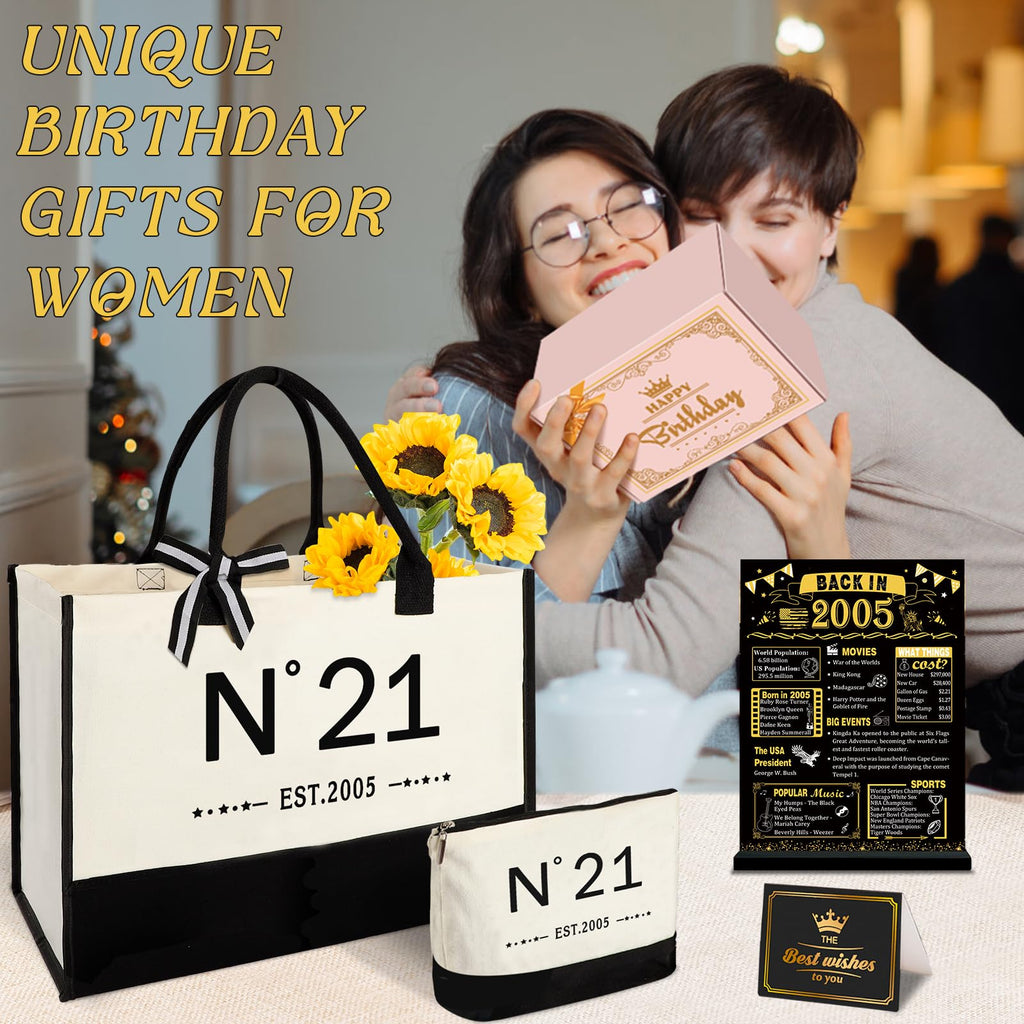 YeohJoy 21st Birthday Gifts for Her Reusable Grocery Bag, Unique 21 Years Old Birthday Gifts for Daughter Friends Girlfriend Classmates Sister Her, EST.2005 Bag & Makeup Bag & Back in 2005 Poster