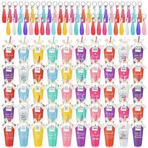 Tioncy 50 Sets Group Appreciation Gifts 24oz Plastic Appreciation Tumblers with Lids Straws Keychains Cards Thank You Cups for Office Employee Staff Teacher Team-building Graduation Gifts(Fresh)