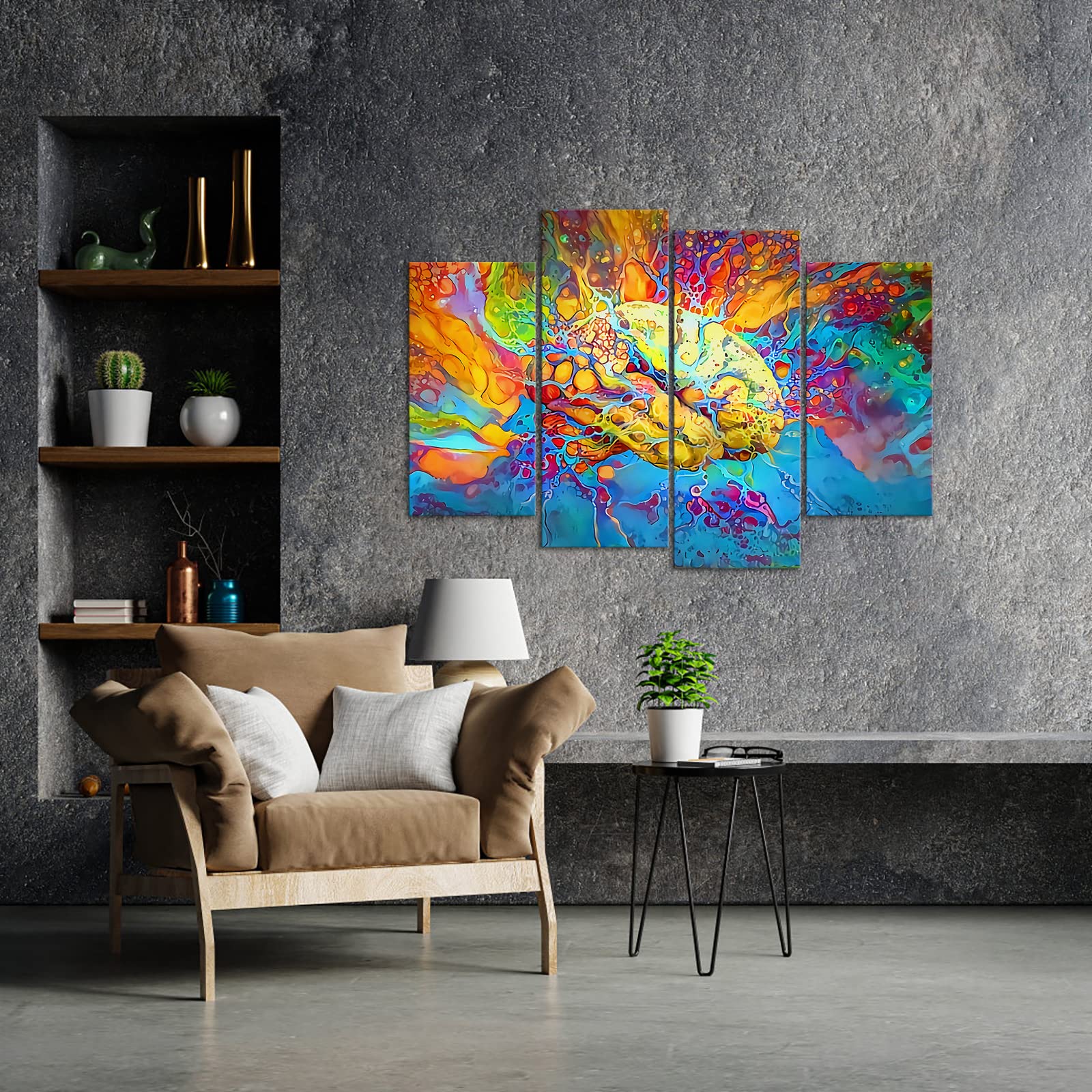 Large 4 Panel Psychedelic Brain Canvas Prints Inspirational Wall Art Left & Right Brain in Vivid Colors Pictures Science Poster Framed Canvas Print Artwork Office48x33inch