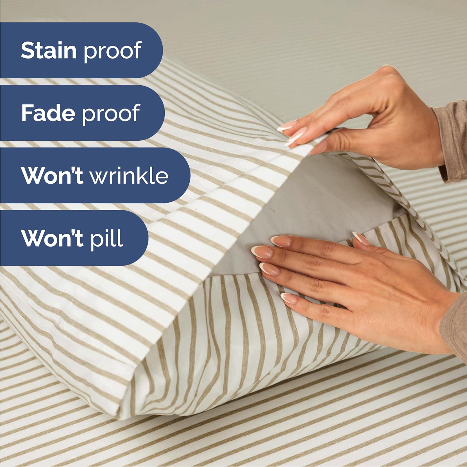 Skiennix Queen Size Sheet Set - Comfy Cooling Bed Sheets | Luxury Hotel Quality - Beige Stripes