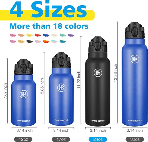 Han's Bottle Sports Water Bottle - 24 Oz Vacuum Insulated, Leak Proof, Straw Lid - Black Thermo Mug