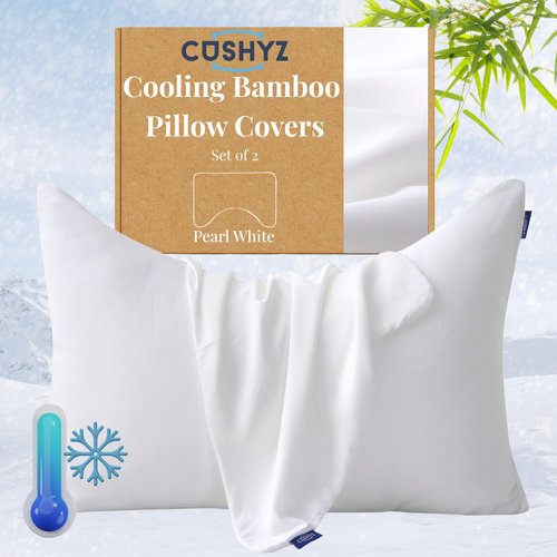 CUSHYZ Cooling Pillow Covers for Curved Pillows – 2-Pack 28x20 Pearl White Moon-Shaped Zippered Pillowcases, 100% Rayon Derived from Bamboo, Ultra-Soft, Silky, Breathable, & Wrinkle‑Resistant