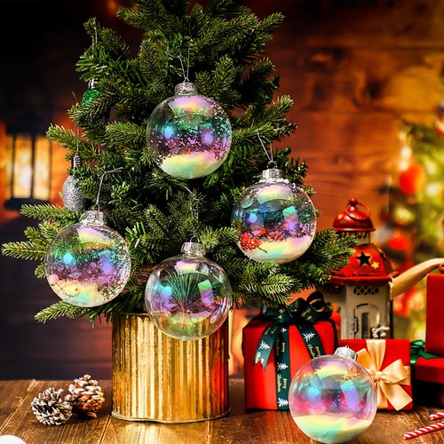 12 Pcs Large 4 Inch Iridescent Ornaments Clear Christmas Ornament Balls Iridescent Christmas Balls for Tree, Plastic Ornaments Clear Plastic Fillable Decoration, Xmas Hanging Decor for Holiday