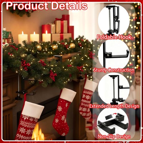 TGLIFEVER Christmas Garland and Stocking Hangers for Mantle, Adjustable 2 in 1 Mantel Stocking Holders with Foldable Double Hooks, Heavy Duty No Drill Fireplace Garland Hooks for Xmas Home Decoration