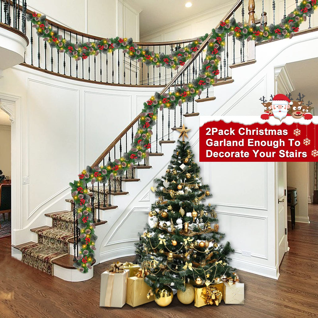 2 Pack Prelit Christmas Garland Each 9 Ft 100 Lights Timer 8 Mode, Cedar Garland Thick 300 Tips Snowy Bristle Pine 198 Berry 18 Pinecones Battery Operated Mantle Xmas Decoration Total 18 Ft 200 LED