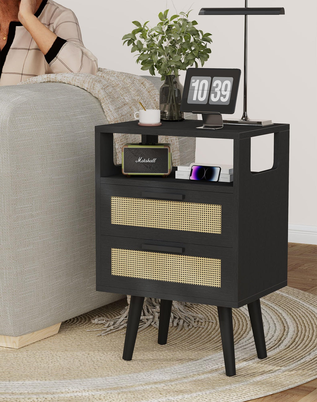 YMYNY Nightstand with 2 Drawers, Boho Side Table, Handmade Rattan Decorated, Open Shelf Unit with Arched Design, Solid Wood Legs, Storage Cabinet for Bedroom, Natural UHST015N