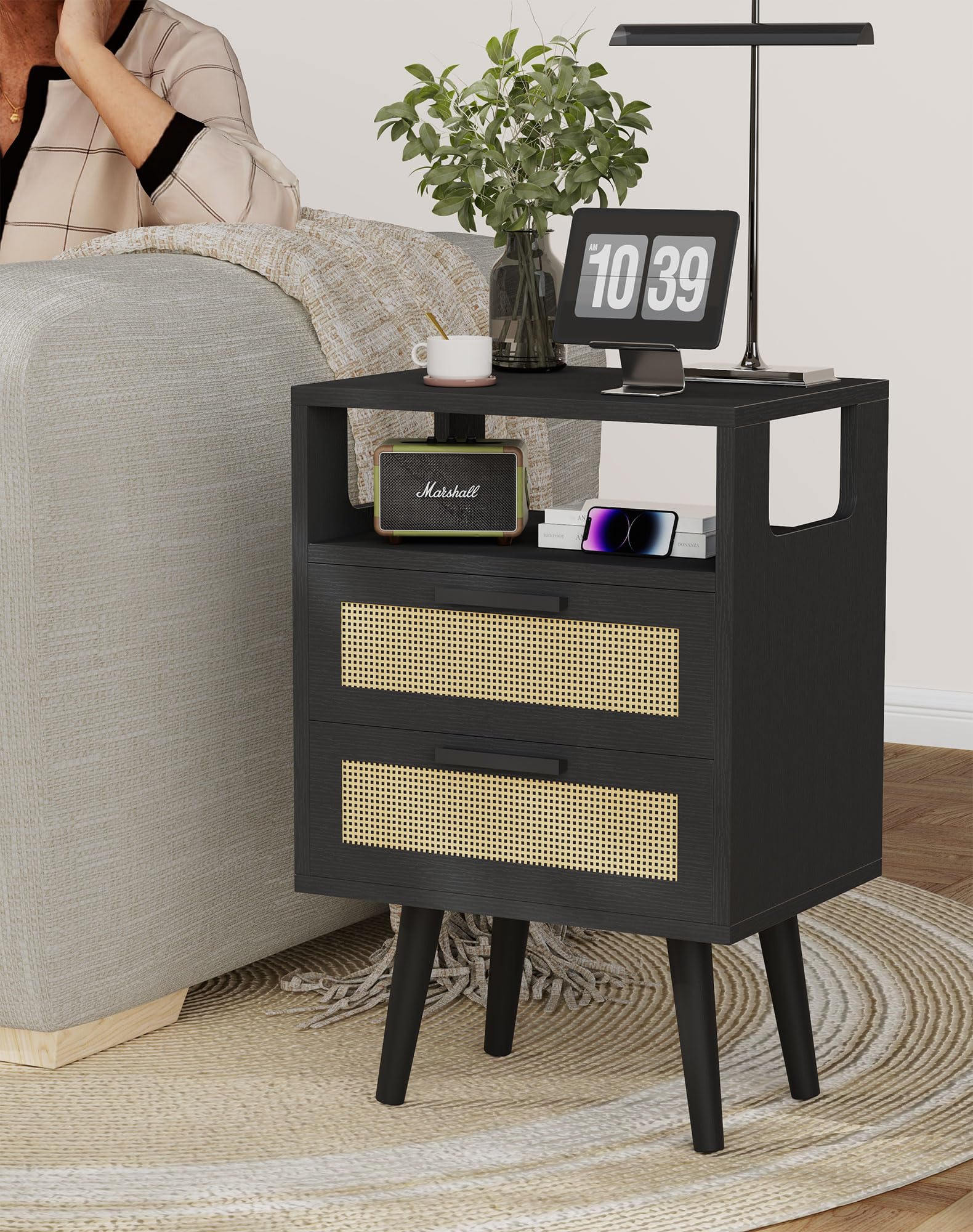 YMYNY Nightstand with 2 Drawers, Boho Side Table, Handmade Rattan Decorated, Open Shelf Unit with Arched Design, Solid Wood Legs, Storage Cabinet for Bedroom, Natural UHST015N
