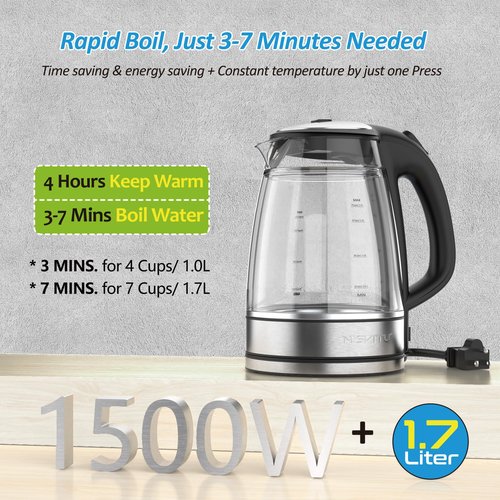 NISVITU Glass & Stainless Steel Cordless Electric kettle for boiling water, Hot water boiler Electric Tea Kettle automatic shut off Boil-Dry Protection, PC Outer + Glass Inner, 1500W, 1.7L, BK
