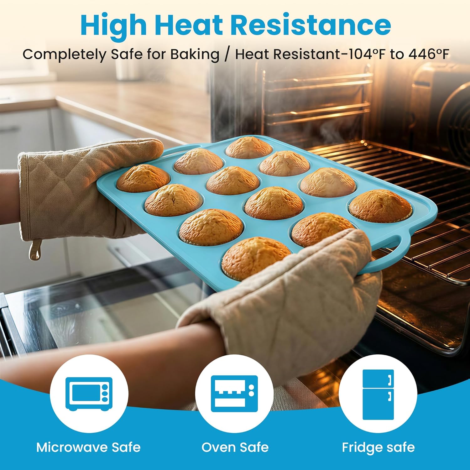 Skiennix Silicone Muffin Pan - 12-Cup Baking Tray with Metal Reinforced Frame, BPA Free - Blue