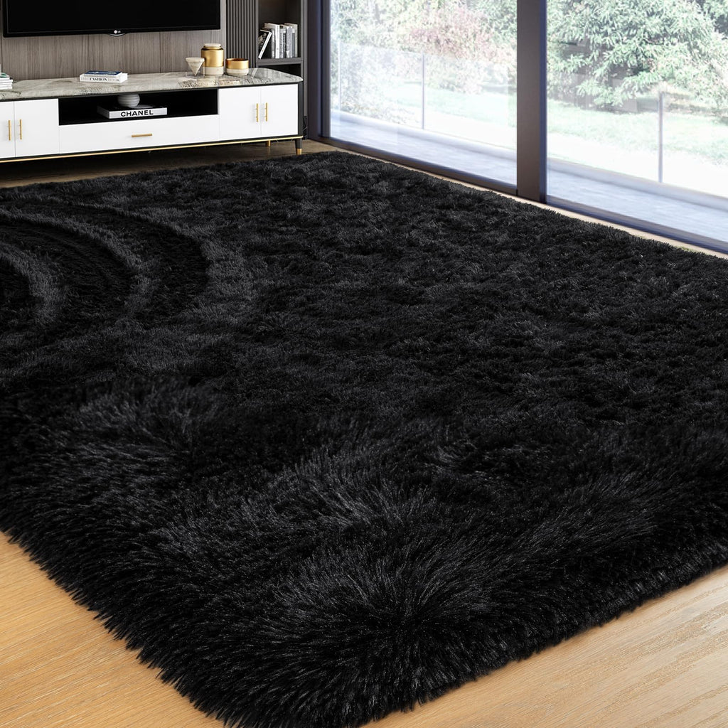 Softlife Area Rug for Living Room, Fluffy Shag Plush 5.3x7.6 Black Rugs for Bedroom Girls, Shaggy Soft Fuzzy Kids Large Carpet for Dorm Bedside Ultra Cozy Non-Slip Indoor Decor