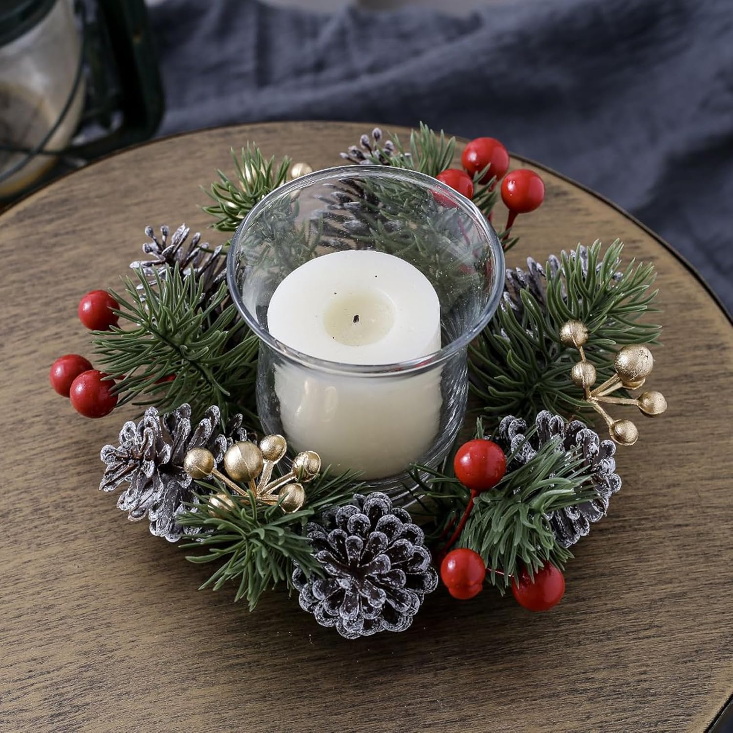 Skiennix Christmas Candle Rings - Elegant Gold & Red Floral Wreaths with Pinecones | Set of 2