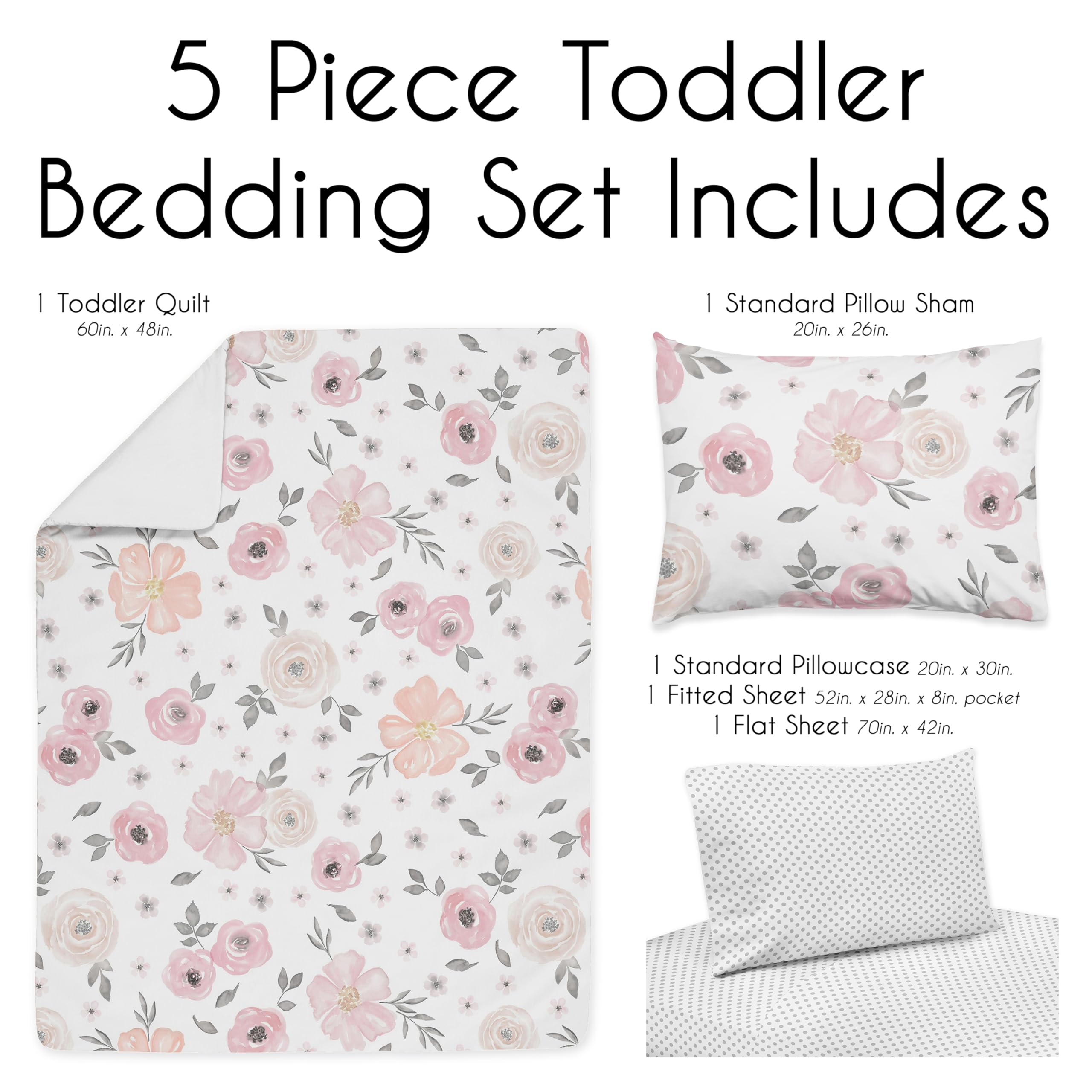 Sweet Jojo Designs 5-Piece Toddler Bedding Set (Pink/Grey Boho Floral) for Girls, Kids incl. Bed in a Bag Comforter, Blanket, Pillowcase, Sham & Sheets (Watercolor, Elegant Rose, Farmhouse, Nature)