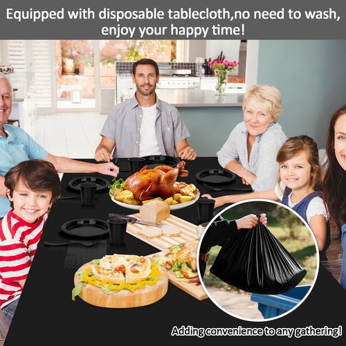 CLIYTICA Black Plastic Plates for Party,30 Guest Disposable Plastic Plate Set 9" Plates,7" Dessert Plates,Napkins,Cups,Forks & Tablecloth for Birthday,Halloween,Christmas,Graduations