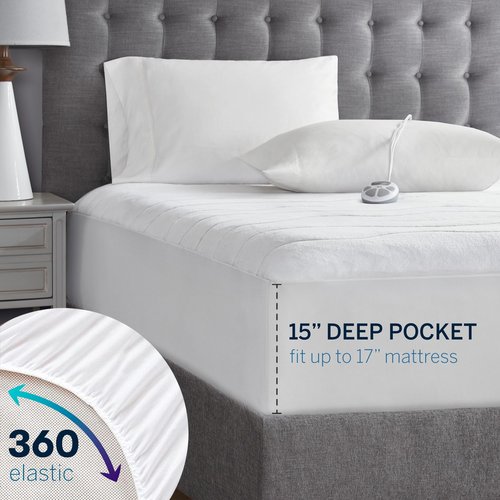 Serta Plush Heated Mattress Pad - Electric Bed Warmer with 10 Heat Settings Controller, Auto Shut Off Timer, Deep All Around Elastic Pocket, ETL Certified, Machine Washable, Full, White