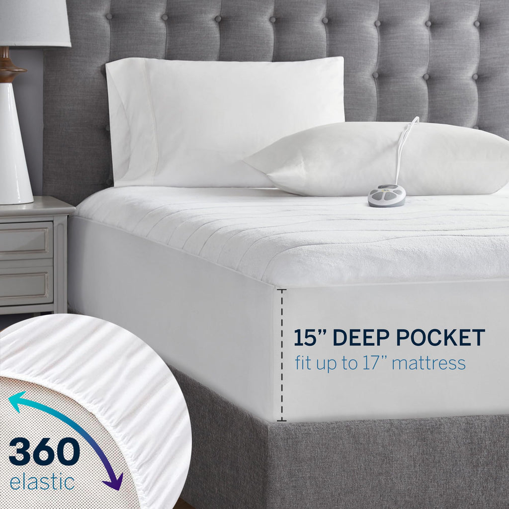 Serta Plush Heated Mattress Pad - Electric Bed Warmer with 10 Heat Settings, Auto Shut Off Timer, Deep All Around Elastic Pocket - Machine Washable Electric Mattress Pad, ETL Certified, Twin XL, White