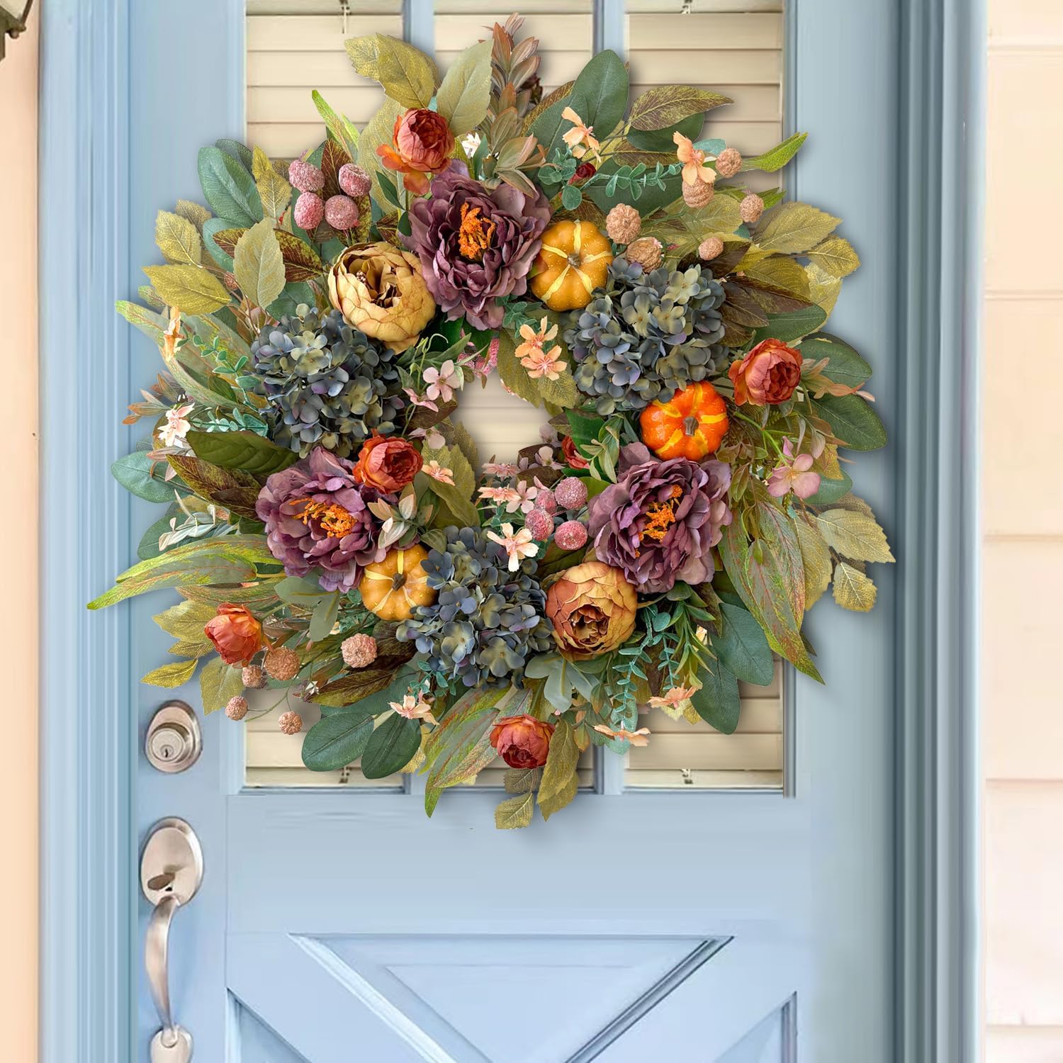 WANNA-CUL 24 Inch Fall Wreath - Blue Hydrangea & Purple Peony | Autumn Door Decoration