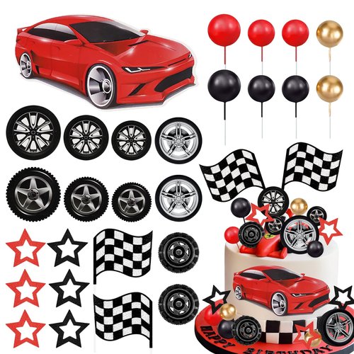 MEMOVAN Racing Wheel Cake Topper 27PCS Race Car Cake Toppers Tyre Cake Decorations Checkered Flag Car Cake Cupcake Decoration for Man Boy Kid Racing Car Theme Birthday Supplies