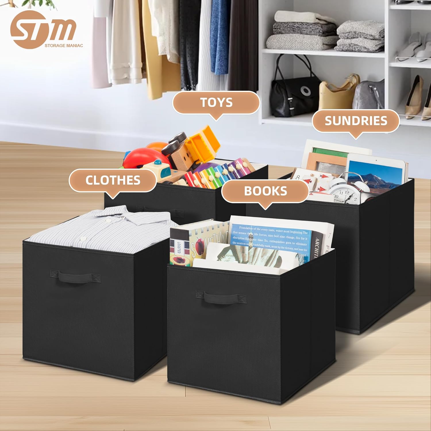 Storage Maniac Storage Cubes - 13 Inch Collapsible Bins with Handles | 4-Pack Durable Black Fabric Organizers