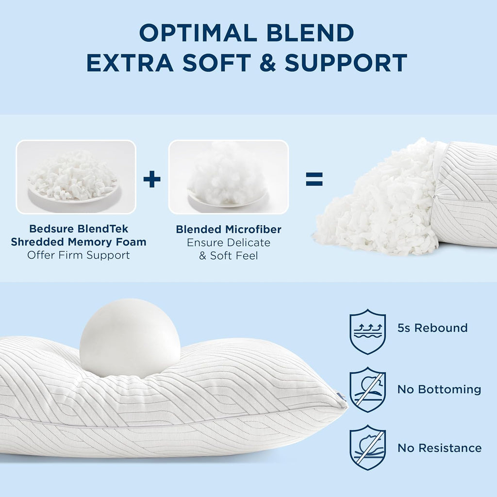 Bedsure Memory Foam Pillows - Adjustable Firm Queen Size Set of 2 | Cooling Dual-Sided Design with Bamboo Pillowcases