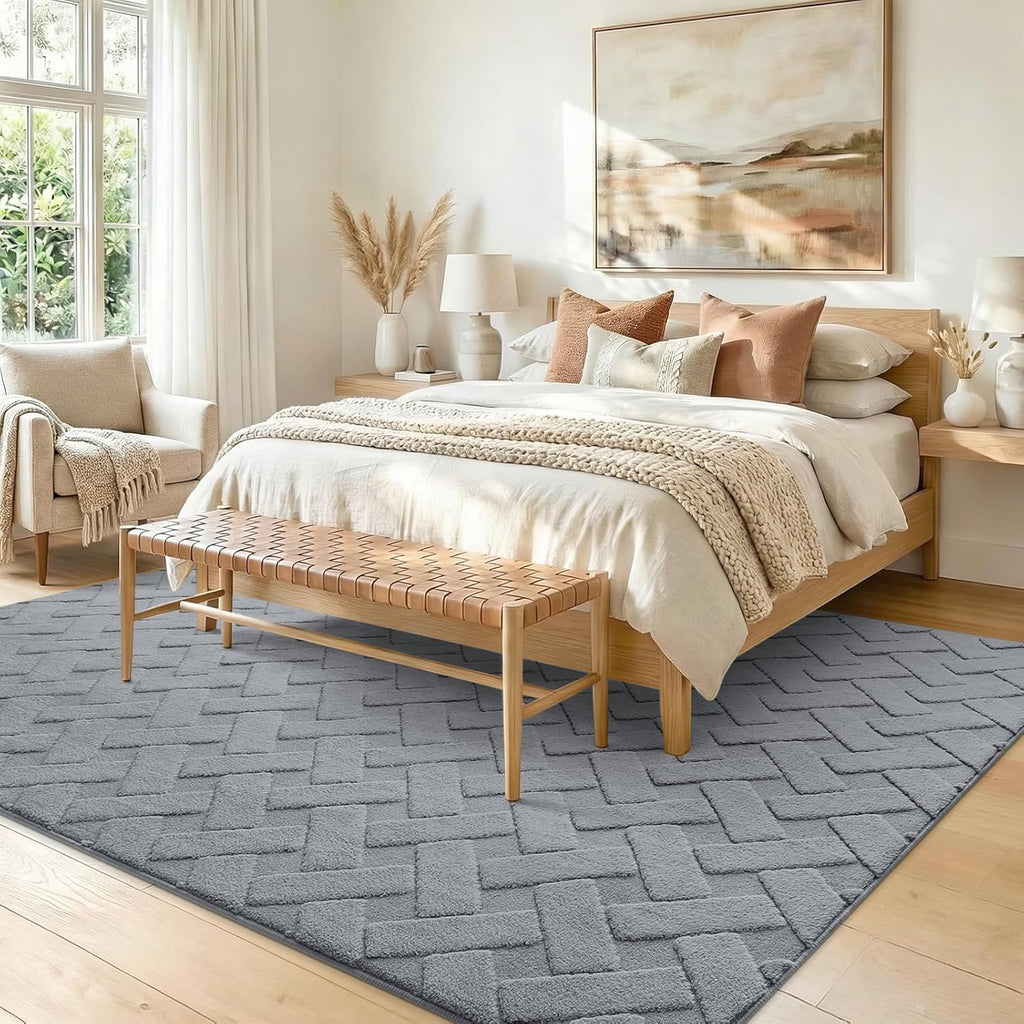 OLANLY Area Rug - Soft Plush Geometric Shaggy Carpet for Living Room & Bedroom | 4x6 ft, Easy Clean, Grey