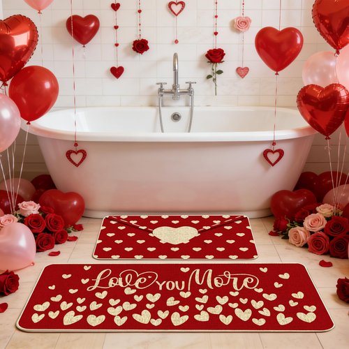 FUTBU Valentines Day Kitchen Rugs and Mats Set of 2, Red Love Kitchen Decor, Farmhouse Anti-Fatigue Mats for Floor Decorations for Home, Love You More Rug Home Decor 17"x27"+17"x47"