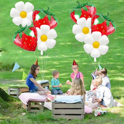 8 PCS Strawberry Balloons Daisy Balloons, Red Berry Foil Balloons for Strawberry Themed Birthday Party Decorations Berry First Birthday Decorations