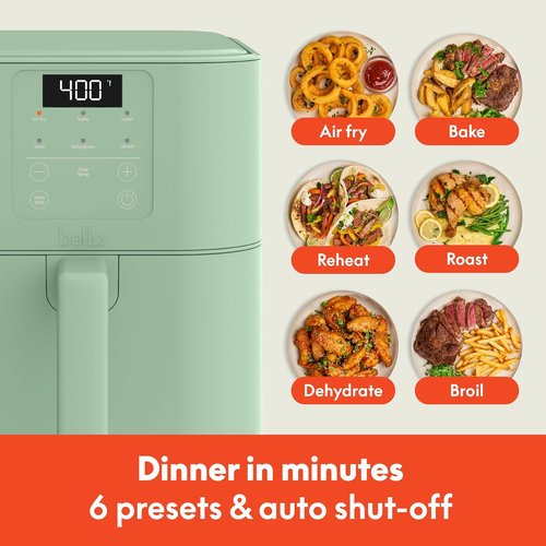Bella 6 Qt Slim Air Fryer - EverGood™ Ceramic Nonstick Coating, Adjustable Temp, 60 Min Auto Shutoff, Seaglass