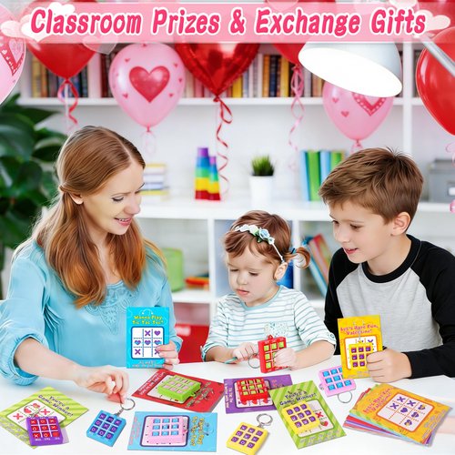 NAWITDA 24 Pack Valentines Day Gifts for Kids Classroom Valentines Day Cards for Kids with Tic-Tac-Toe Game Keychains, Valentines Class Exchange Gifts School Party Favors for Boys Girls